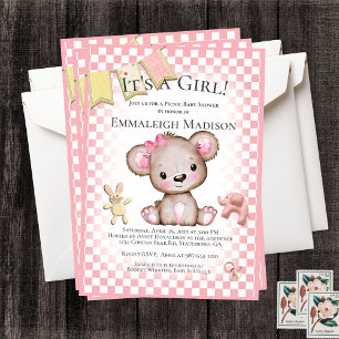 Süße Braunbär-Baby-Mädchen-Picknick-Baby-Party Einladung