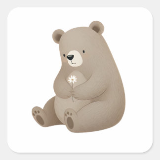 Süße Braunbär mit Gänseblümchen – Illustration Quadratischer Aufkleber