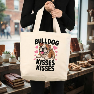 Süße Bulldogge Mama Welpen Küsse Rosa Herz Hundeli Jumbo Stoffbeutel