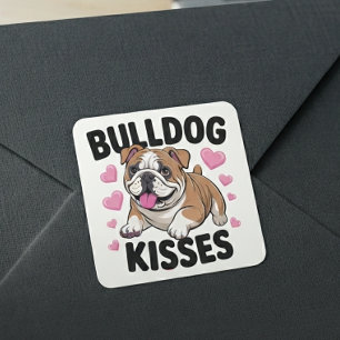 Süße Bulldoggen-Welpen-Küsse Rosa Herz Hundemama L Quadratischer Aufkleber