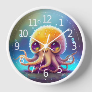 Süße bunte gelbe Oktopus-Alien-Kunst Uhr