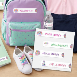 Süße bunte Regenbogenblumen Schulmädchen Etiketten