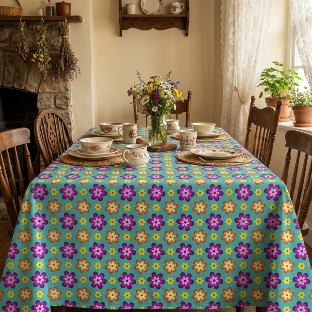 Süße bunte Retro-Blumen große Tischdecke (Cute Colorful Retro Flowers Large Tablecloth covering a table in a cottagecore style dining room.)