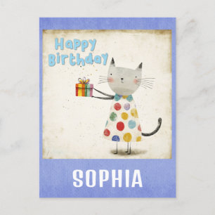 Süße bunte Vintage-Katze Alles Gute zum Geburtstag Postkarte
