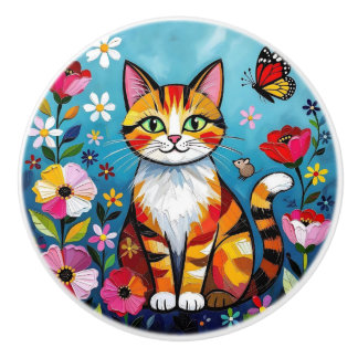 Süße bunte Volkskunst Katze und Blumen Keramikknauf