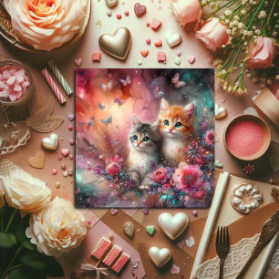 Süße bunte Wasserfarben Katzen Blumen Valentinstag Feiertagskarte