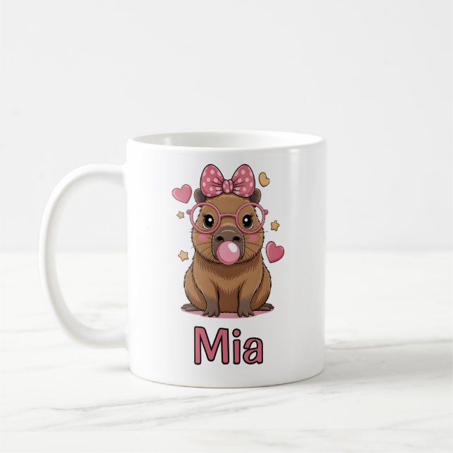 Süße Capybara mit Brille und Bubble-Gum Kaffeetasse (Links)
