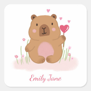 Süße Capybara personalisierte pinke Babyparty Quadratischer Aufkleber