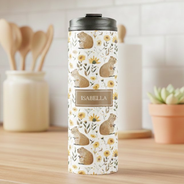 Süße Capybara Thermosbecher (cute capybara floral sunflowers thermal tumbler, personalized gift for girls,custom gift for runners)