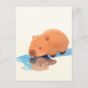 Süße Capybara trinkt aus blauer Pfütze Postkarte