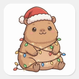 Süße Capybara-Weihnachtsmannmütze Weihnachtsbeleuc Quadratischer Aufkleber