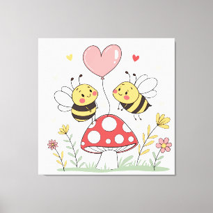 Süße Cartoon-Bienen mit Herzballon auf Pilz Leinwanddruck