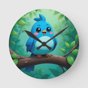 Süße Cartoon Blaue Vogel Runde Wanduhr