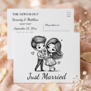 Süße Cartoon Braut Bräutigam Schwarz Weiß Hochzeit Ankündigungspostkarte