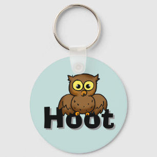 Süße Cartoon-Eule sitzt auf Hoot-Wortkunst Schlüsselanhänger