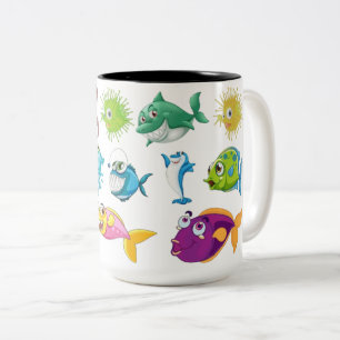 Süße Cartoon-Fisch-Schule und Meerestiere im Zweif Zweifarbige Tasse