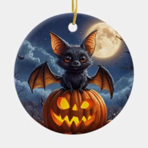 Süße Cartoon-Fledermaus auf einem Jack-o'-Lantern Keramik Ornament
