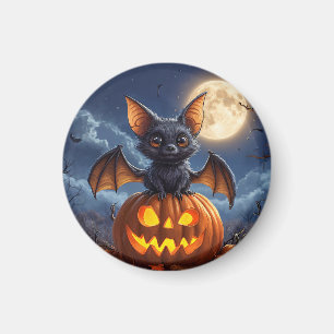 Süße Cartoon-Fledermaus auf einem Jack-o'-Lantern Magnet
