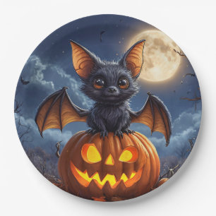 Süße Cartoon-Fledermaus auf einem Jack-o'-Lantern Pappteller