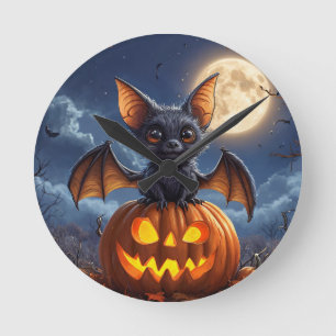 Süße Cartoon-Fledermaus auf einem Jack-o'-Lantern Runde Wanduhr