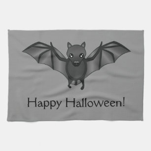 Süße Cartoon-Fledermaus mit Happy Halloween-Text Geschirrtuch