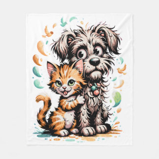 ✨Süße Cartoon-Freundschaft zwischen Hund und Katze Fleecedecke
