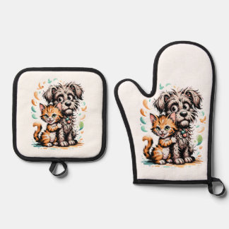 ✨Süße Cartoon-Freundschaft zwischen Hund und Katze Ofenhandschuh & Topflappen-Set