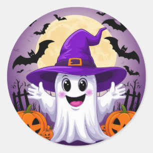 Süße Cartoon-Geister-Hexenhut-Kürbis-Halloween Runder Aufkleber