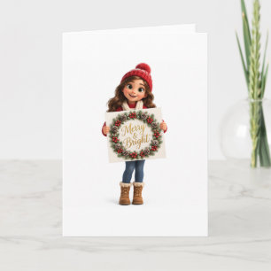 Süße Cartoon-Girl-Merry-and-Bright-Weihnachtskarte Karte