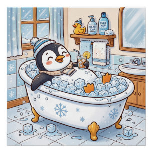 Süße Cartoon-glückliche Pinguin beim Baden Poster