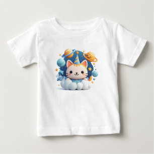 Süße Cartoon-Katze auf Wolke mit Partyhut Baby T-shirt