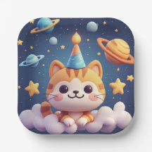 Süße Cartoon-Katze auf Wolke mit Partyhut
