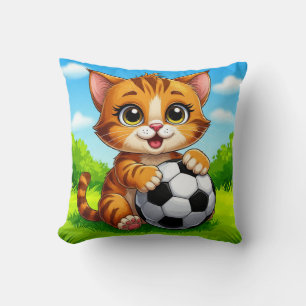 Süße Cartoon-Katze hält Fußball Kissen