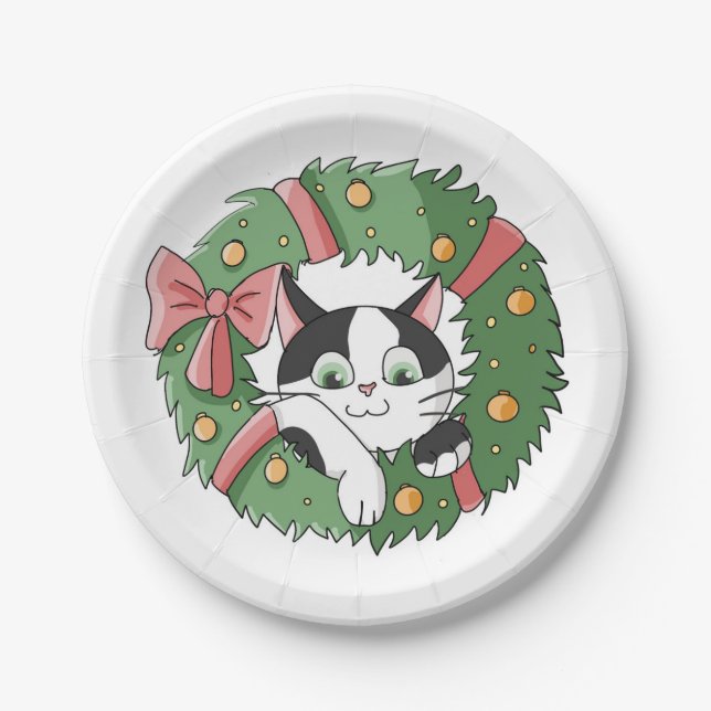Süße Cartoon-Katze im Weihnachtskranz Pappteller (Vorderseite)