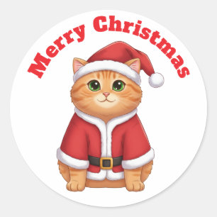 Süße Cartoon-Katze im Weihnachtsmann-Outfit - Froh Runder Aufkleber
