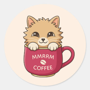Süße Cartoon-Katze in Kaffeetasse Beige Benutzerde Runder Aufkleber