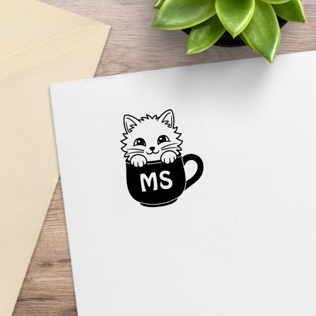 Süße Cartoon-Katze Kaffeetasse Monogramm Initial 1 Gummistempel (Von Creator hochgeladen)