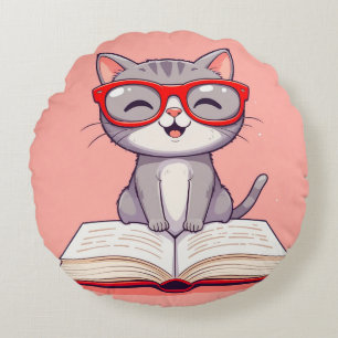 Süße Cartoon-Katze mit Brille Rundes Kissen