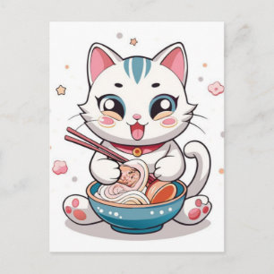 Süße Cartoon-Katze sitzt in Ramen-Schüssel Feiertagspostkarte