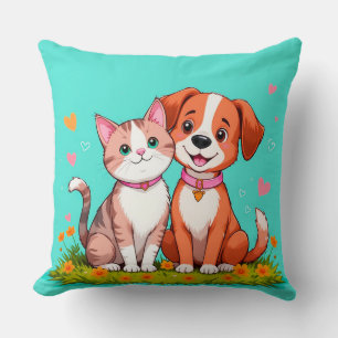 Süße Cartoon-Katze und Hund sitzen zusammen Kissen