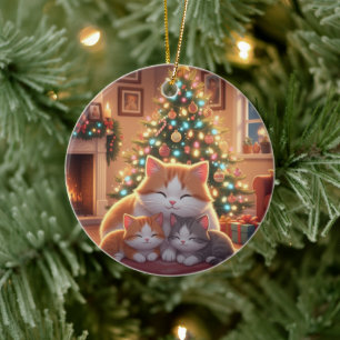 Süße Cartoon-Katzenfamilie Weihnachtsbaum Keramik Ornament