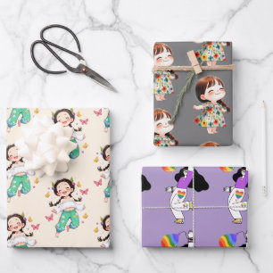 Süße Cartoon-Kinder & Regenbogen-Charaktere Geschenkpapier Set
