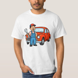 Süße Cartoon-Mechaniker-Illustration mit rotem Aut T-Shirt