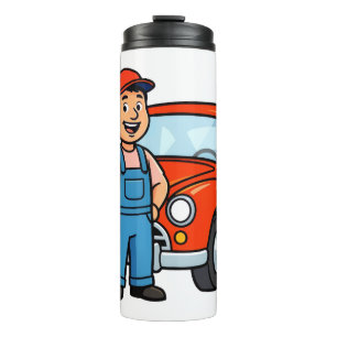 Süße Cartoon-Mechaniker-Illustration mit rotem Aut Thermosbecher