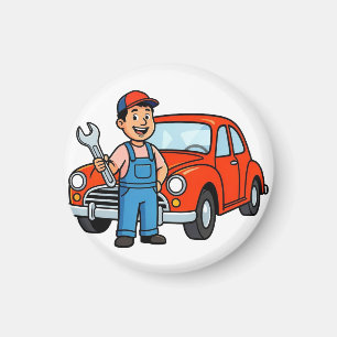 Süße Cartoon-Mechaniker mit roter Auto-Illustratio Magnet