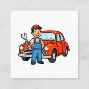 Süße Cartoon-Mechaniker mit roter Auto-Illustratio Quadratische Visitenkarte