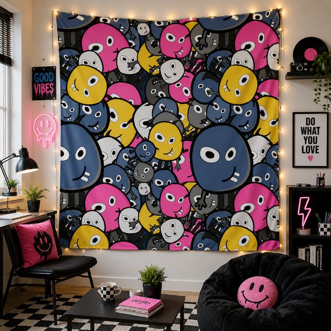 Süße Cartoon-Monster-Gesichter für das Teenager-Sc Wandteppich (Color Your Space with Playful Vibes)