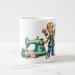 Süße Cartoon-Näherin mit Vintage-Nähmaschine Jumbo-Tasse