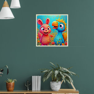 Süße Cartoon-Papageien-Hasen-Kunst Poster