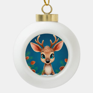 Süße Cartoon-Rentiere im Winter mit Pinienzapfen Keramik Kugel-Ornament